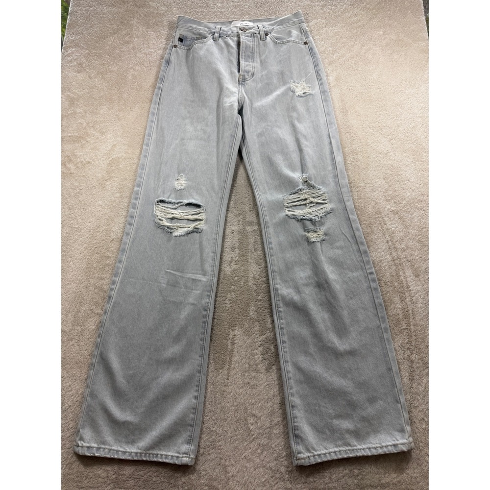 Kancan Womens Distressed High Rise Wide Leg Light Wash Jeans 7/27 Meas: 29x35